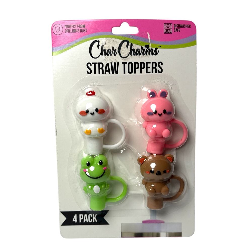 CharCharms 4-Pack Straw Toppers Cute Animal Cup Accessories for Tumblers NEW
